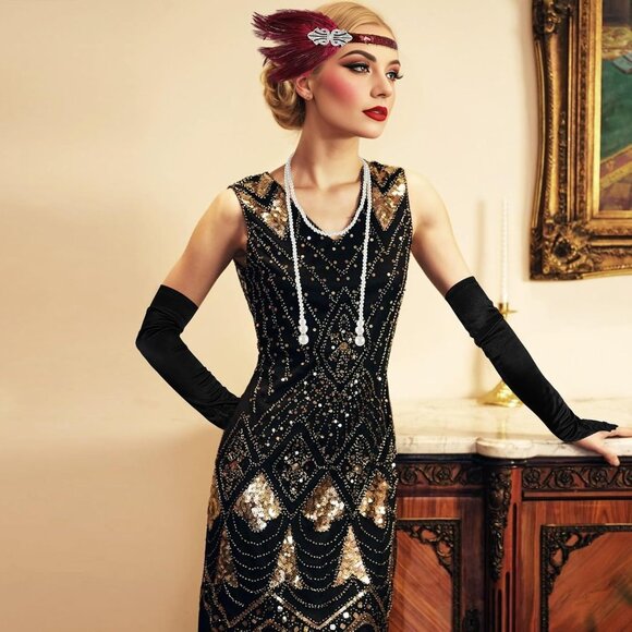 1920s Flapper Accessories Set Pearl Necklace Gloves Feather Headband - Picture 4 of 7